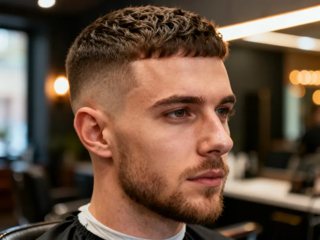 Mężczyzna z modną fryzurą typu low fade i teksturą na górze, prezentujący profesjonalne strzyżenie w salonie barberskim.