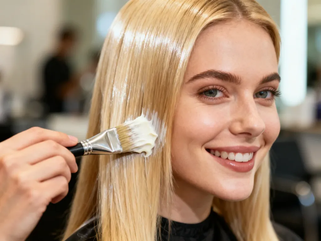Stylistka nakłada pędzlem kremowy toner na lśniące, blond włosy klientki w profesjonalnym salonie fryzjerskim.