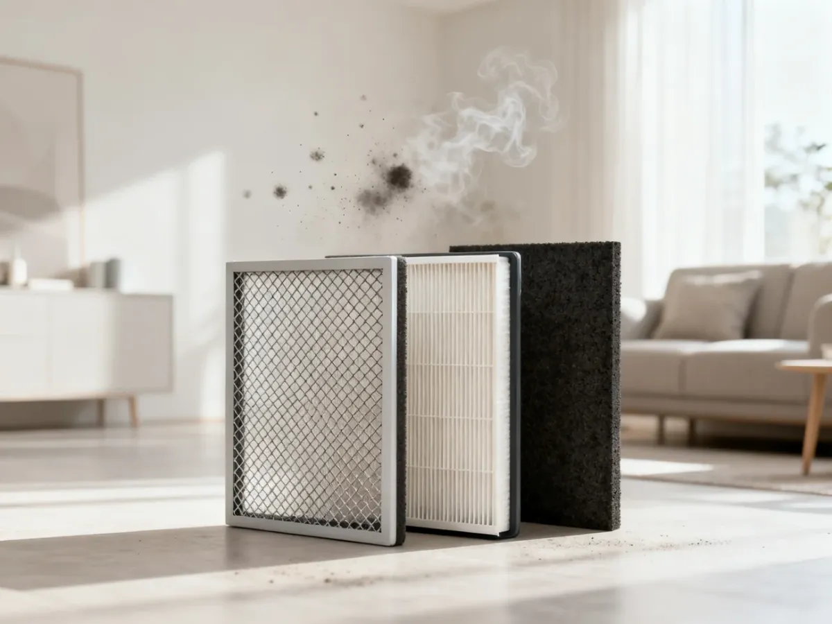 Three-layer air purifier filter system with pre-filter, HEPA, and activated carbon layers