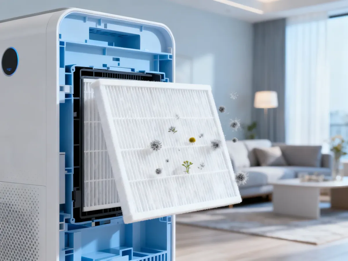 Pleated HEPA filter inside a home air purifier trapping fine airborne particles