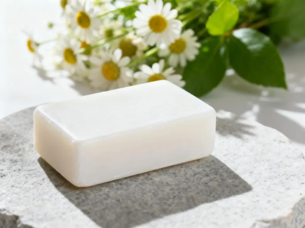Minimalistyczna biała kostka mydła na kamiennej powierzchni w otoczeniu rumianku, podkreślająca naturalny skład produktu.
