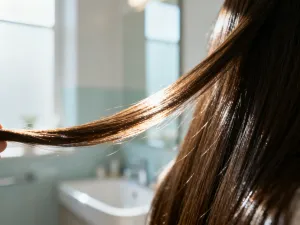 Elegancka fryzura typu pół kucyk z jasnych włosów przewiązanych jedwabną wstążką w słonecznym salonie fryzjerskim.