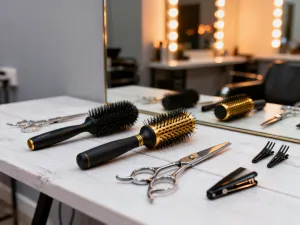 Elegancka butelka pianki do stylizacji włosów na marmurowym blacie w promieniach słońca.