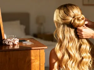 Profesjonalne nożyczki i grzebień na marmurowym blacie w nowoczesnym salonie fryzjerskim.