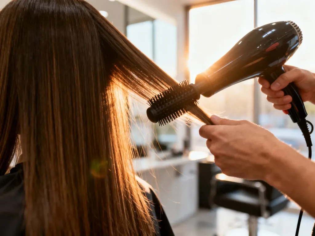 Fryzjer modeluje cienkie, proste włosy za pomocą okrągłej szczotki i suszarki, nadając im objętość w nowoczesnym salonie.