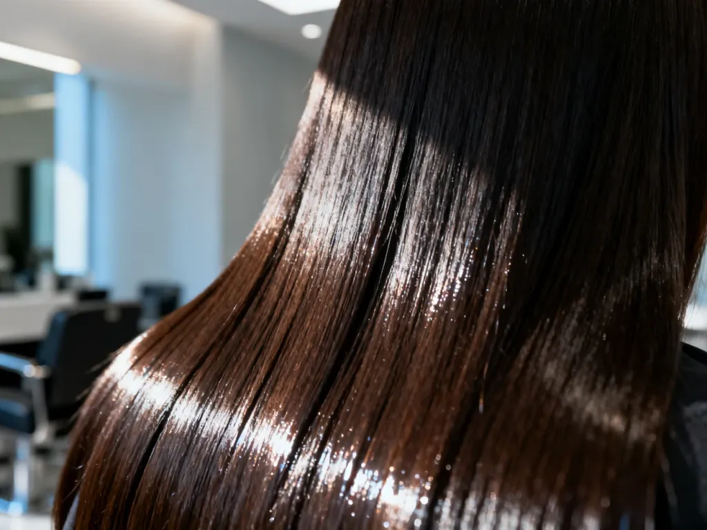 Idealnie gładkie, ciemnobrązowe włosy o lustrzanym połysku, prezentujące efekt tafli w stylu glass hair.