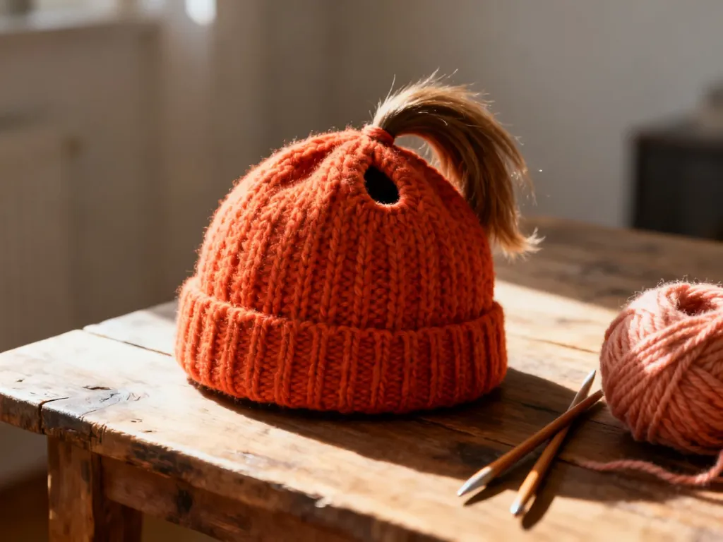Ręcznie robiona czapka z otworem na kucyk leżąca na drewnianym stole obok włóczki i drutów.