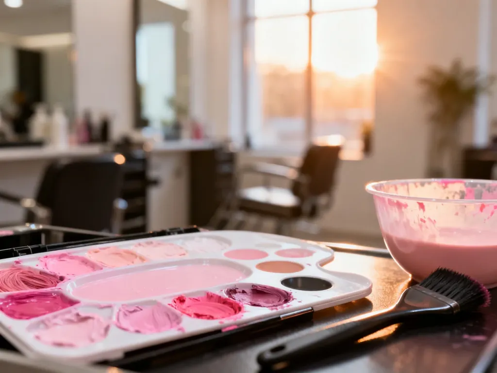 Profesjonalne akcesoria fryzjerskie z pastelową farbą do włosów w nowoczesnym salonie, przygotowane do koloryzacji na różowy blond.