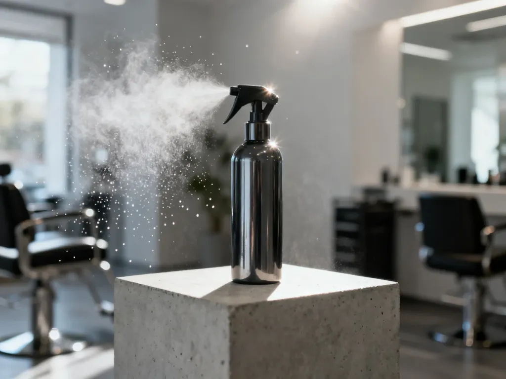 Nowoczesna butelka sprayu teksturyzującego na betonowym postumencie w otoczeniu delikatnej mgiełki w salonie fryzjerskim.