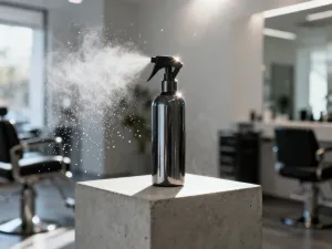 Eleganckie opakowanie wosku do stylizacji włosów na minimalistycznej półce w łazience.