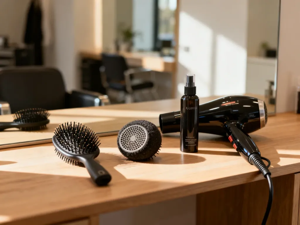 Profesjonalny zestaw do stylizacji włosów: suszarka, szczotka i spray na drewnianej toaletce w salonie fryzjerskim.