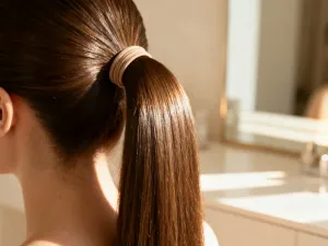 Profesjonalne akcesoria do stylizacji włosów, lokówka i kosmetyki na drewnianym stole, gotowe do tworzenia loków.