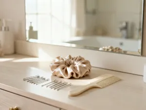 Szklana butelka olejku arganowego, świeży rozmaryn i drewniany grzebień na stole, podkreślające naturalną pielęgnację włosów.