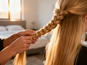 Profesjonalne narzędzie fryzjerskie na drewnianym stole w jasnym, minimalistycznym wnętrzu.