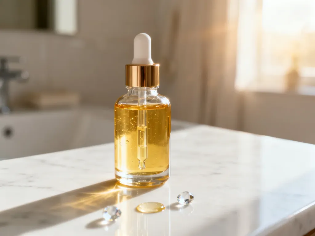 Szklana butelka z serum do włosów na marmurowym blacie, prezentująca produkt w estetycznym, łazienkowym wnętrzu.