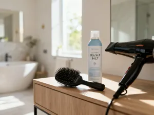 Profesjonalne narzędzia do stylizacji włosów, takie jak lokówka i szczotka, przygotowane do wykonania fryzury beach wave bob.