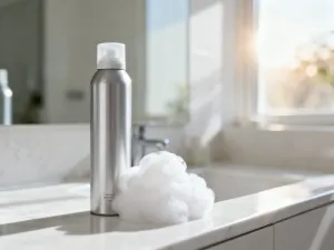 Zdrowe, lśniące włosy myte naturalnym naparem ziołowym w jasnej łazience, podkreślające pielęgnację przetłuszczających się włosów.