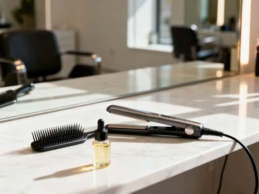 Profesjonalne narzędzia do stylizacji włosów, takie jak prostownica, grzebień i serum, ułożone na marmurowym blacie.