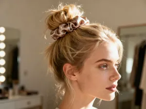 Profesjonalne nożyczki fryzjerskie i szczotka do modelowania na białym ręczniku w jasnym salonie fryzjerskim.