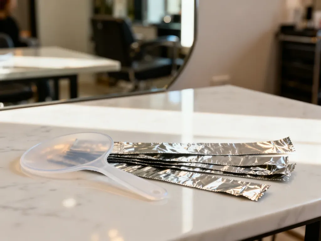 Profesjonalne akcesoria fryzjerskie: folia aluminiowa oraz czepek do pasemek przygotowane na marmurowym blacie w salonie.