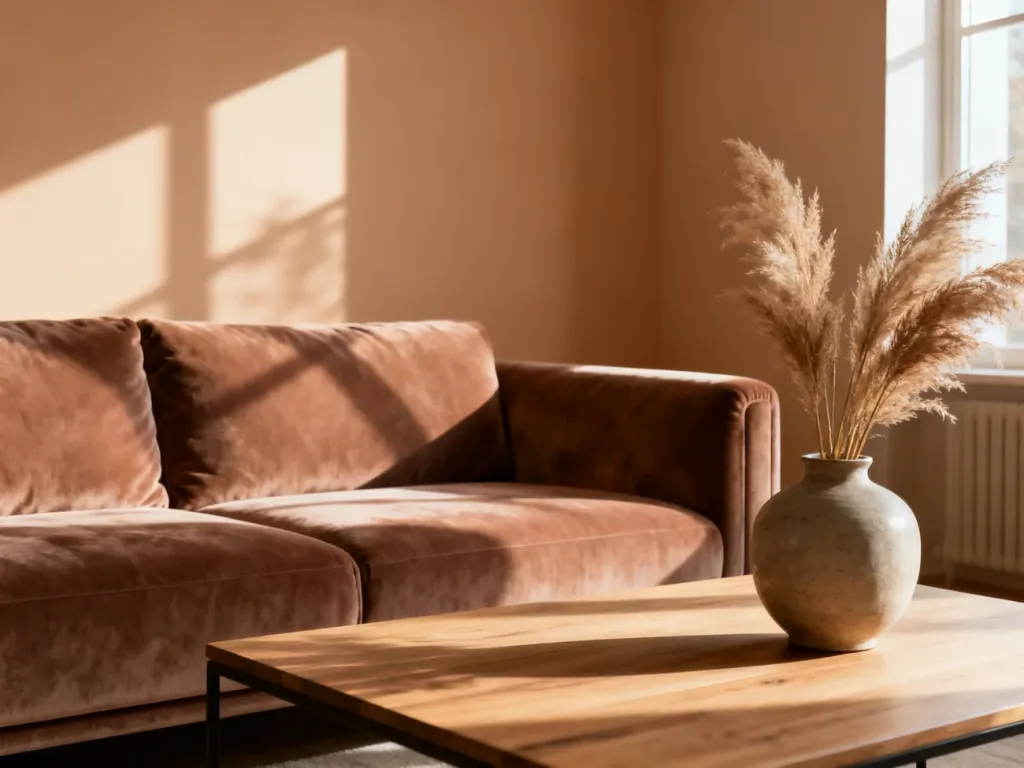 Przytulny salon z aksamitną sofą w kolorze mocha mousse, drewnianym stolikiem i dekoracyjnymi trawami pampasowymi.