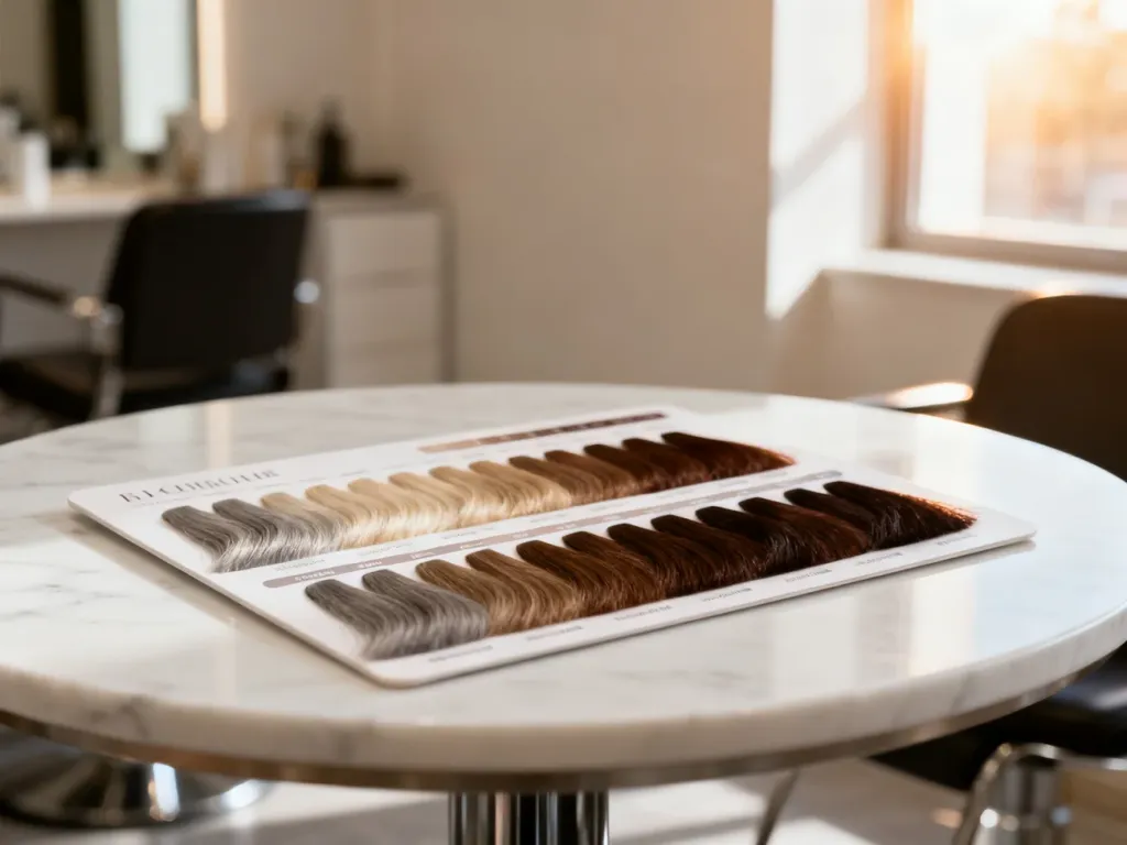 Paleta próbek farb do włosów w odcieniach od popielatego blondu po głęboki brąz, ułożona na marmurowym blacie.