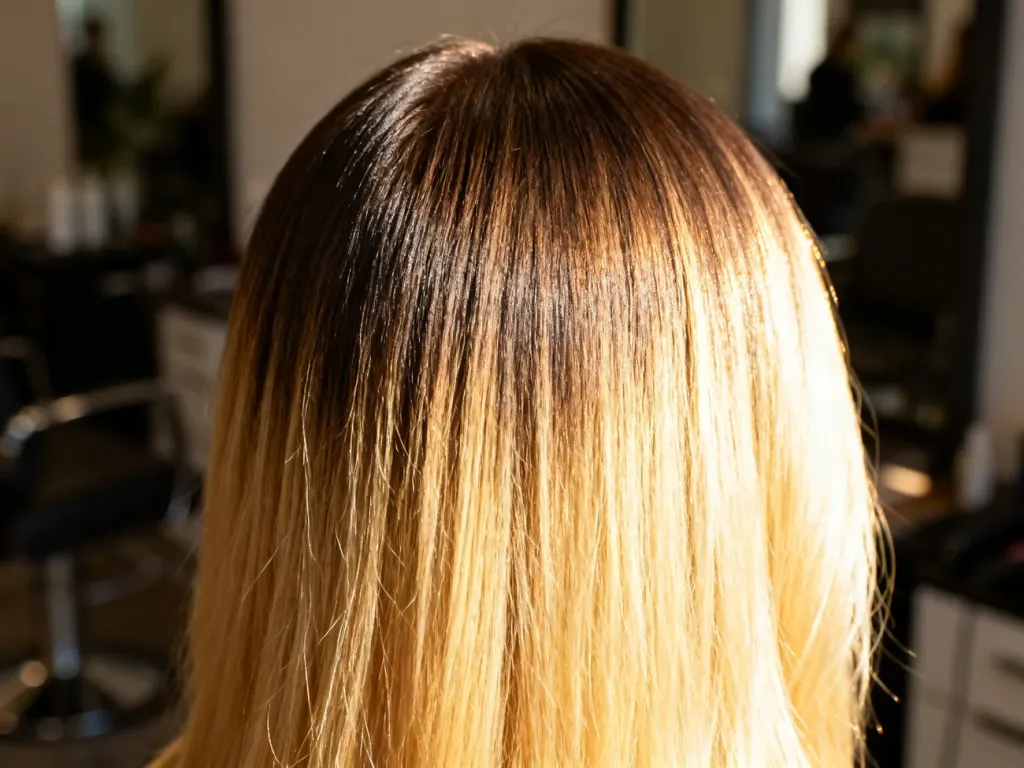 Profesjonalne przejście koloru od ciemnych nasad po jasny blond, wykonane techniką root smudge w salonie fryzjerskim.
