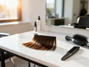 Profesjonalna suszarka i okrągła szczotka na marmurowym blacie, gotowe do stylizacji grzywki typu curtain bangs.