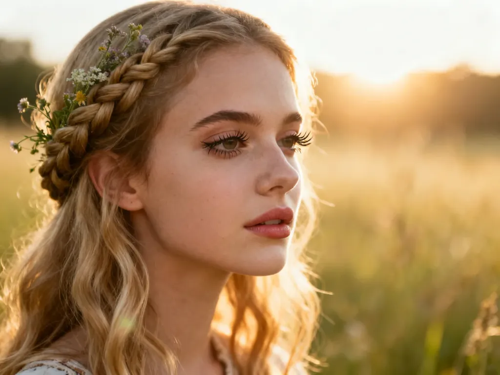 Blondynka z warkoczem ozdobionym polnymi kwiatami w stylu boho na tle słonecznej łąki.
