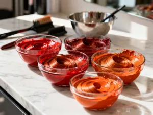 Elegancka butelka produktu do stylizacji włosów na mokrej, odbijającej światło powierzchni z kroplami wody.
