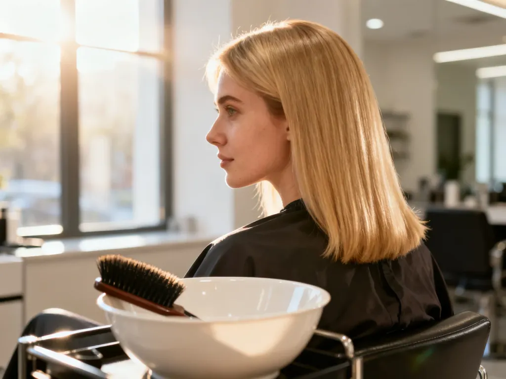 Kobieta z lśniącymi, zdrowymi blond włosami w profesjonalnym salonie fryzjerskim, podkreślająca efekt zadbanej fryzury.