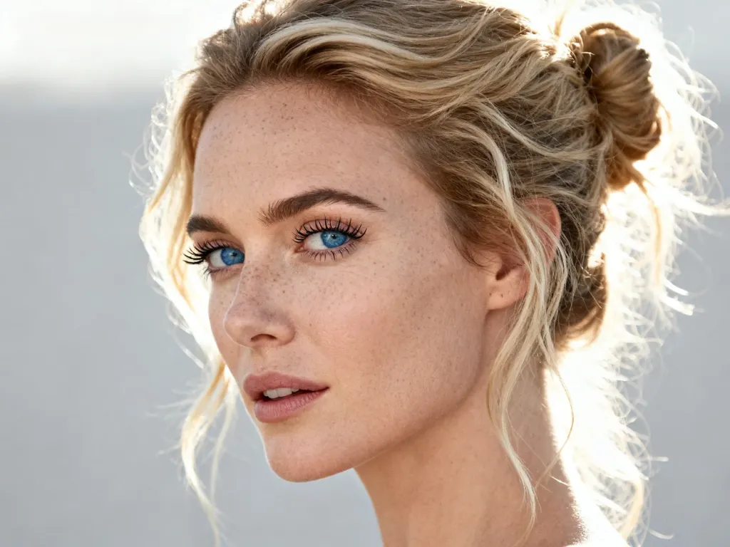 Kobieta z modnym, luźnym kokiem z blond włosów, prezentująca elegancką i naturalną fryzurę na co dzień.