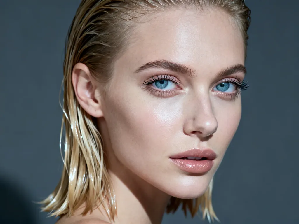 Kobieta z blond włosami ułożonymi w modny efekt „wet look” oraz subtelnym, rozświetlonym makijażem.