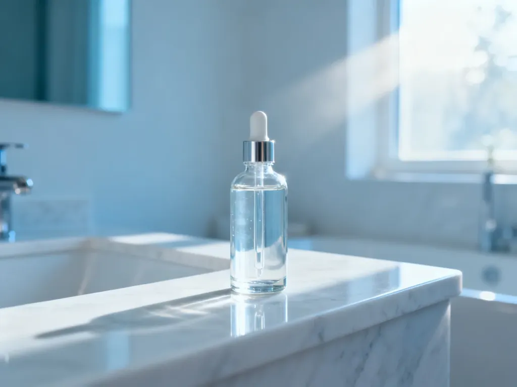 Szklana buteleczka organicznego serum do włosów na marmurowym blacie w jasnej, minimalistycznej łazience.