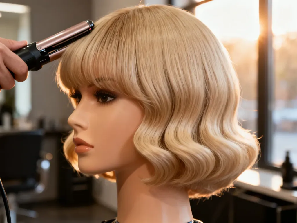 Profesjonalna prostownica modelująca jasne curtain bangs na manekinie w nowoczesnym salonie fryzjerskim.
