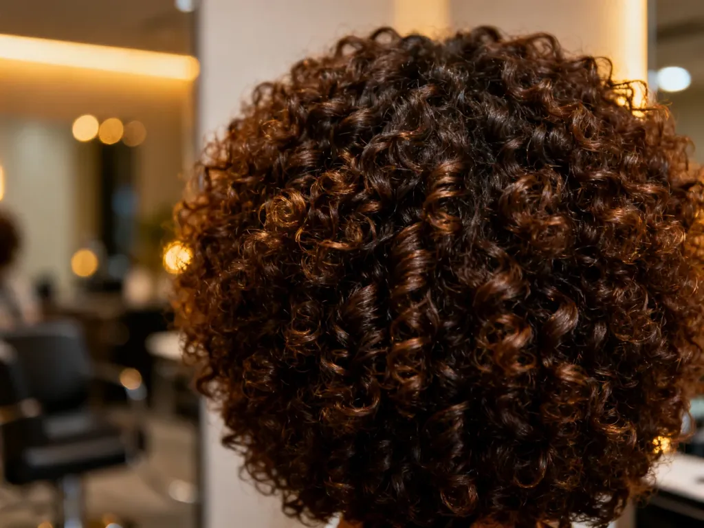 Zbliżenie na gęste i lśniące afro loki w odcieniu ciemnego brązu, ukazujące precyzyjną strukturę włosów.