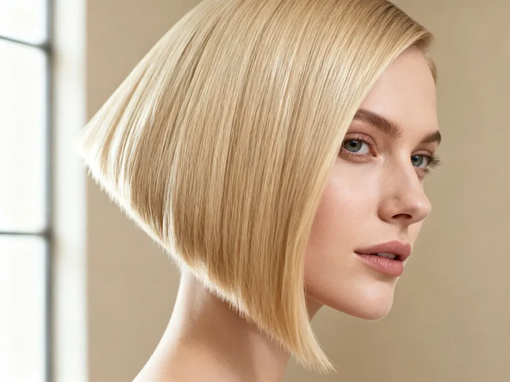 Stylowa fryzura typu angled bob na jasnych włosach o precyzyjnym, geometrycznym cięciu z dłuższym przodem.