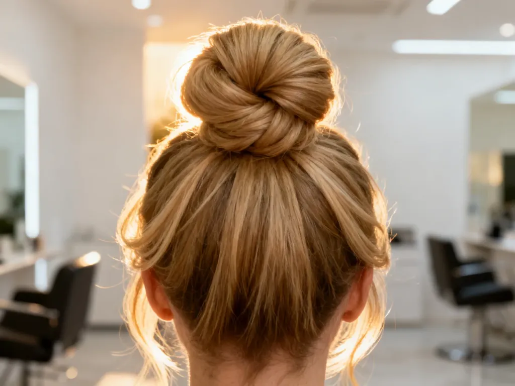 Starannie upięty blond kok na czubku głowy z delikatnie wypuszczonymi pasmami w jasnym, profesjonalnym salonie fryzjerskim.
