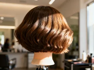 Profesjonalna lokówka na drewnianym stole z pasmami naturalnie falowanych włosów w jasnym, słonecznym wnętrzu salonu.