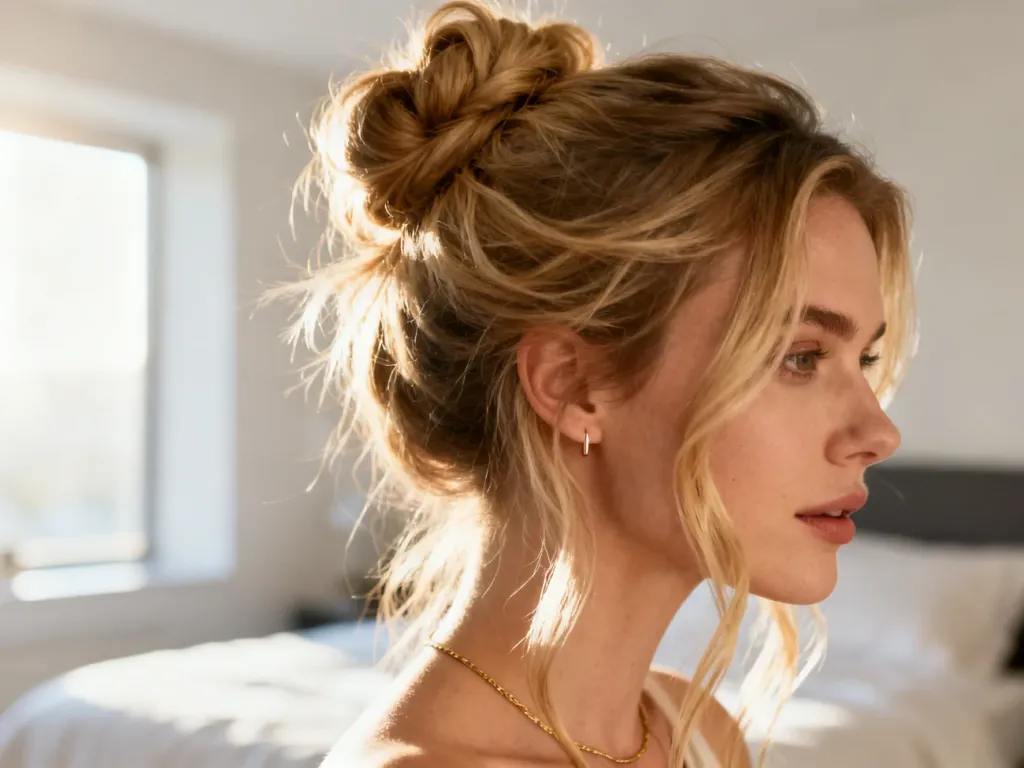 Elegancki, luźny kok z blond włosów w stylu boho, idealny jako szybka i stylowa fryzura na co dzień.