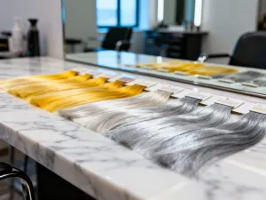 Elegancka butelka lakieru do włosów na marmurowym blacie, podkreślająca profesjonalną pielęgnację bez efektu sklejania.