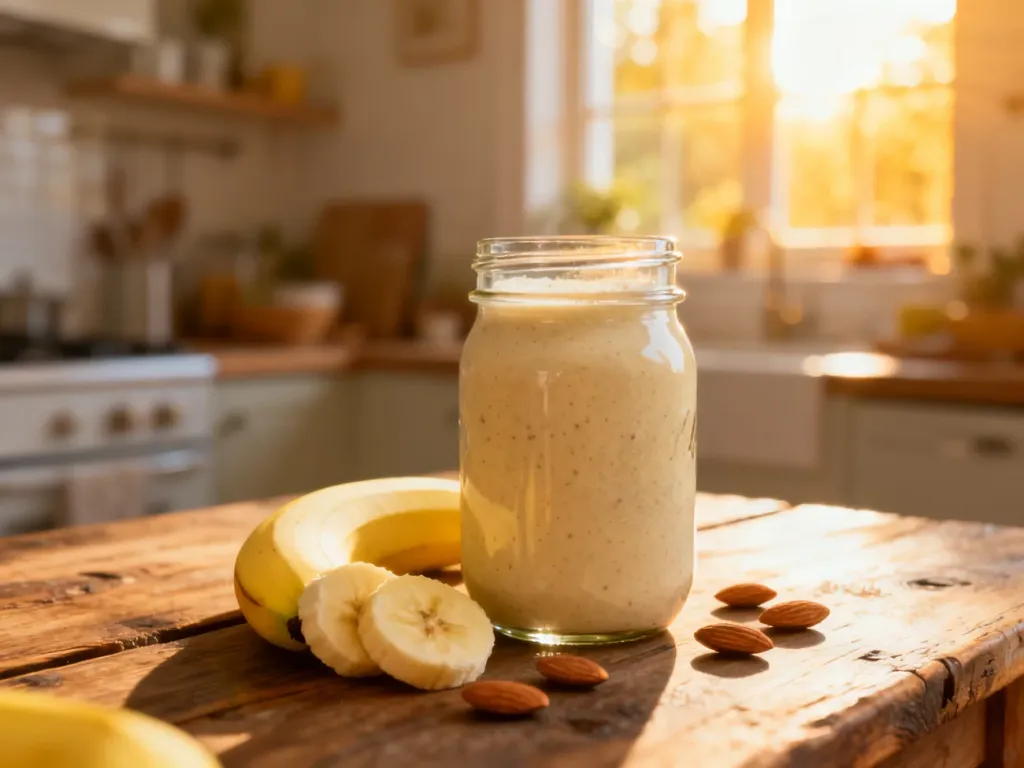 Koktajl bananowy w szklanym słoiku na drewnianym stole, obok plastry banana i migdały w promieniach porannego słońca.