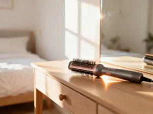 Profesjonalne nożyczki fryzjerskie, grzebień i olejek do włosów na marmurowym blacie w jasnym salonie kosmetycznym.