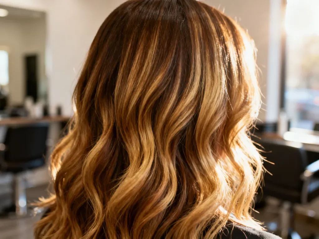 Długie, falowane włosy z naturalnymi, złotymi refleksami typu french balayage na ciemniejszym tle.