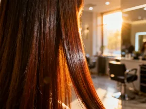 Elegancka peruka typu bob z prostą grzywką na marmurowym stojaku w nowoczesnym salonie fryzjerskim.