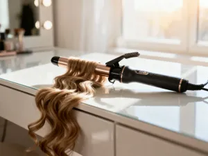 Profesjonalne narzędzia do stylizacji włosów, takie jak lokówka i szczotka, przygotowane do wykonania fryzury beach wave bob.